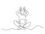 Continuous line drawing. Woman with laptop showing horns gesture behind head with fingers. Vector illustration