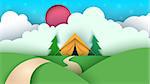 Cartoon paper landscape. Tent, Christmas tree, cloud, sky star llustration Vector eps 10