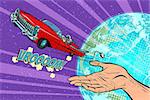 Humanity launches into space car. Pop art retro comic book vector cartoon hand drawn illustration