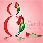 Elegant greeting card design with tulips for International Women s Day celebration on red shiny background. 8 march postcard concept. Vector illustration EPS 10