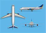 Realistic passenger airplane mock up, airliner in top, side, front view. Modern aircraft flight isolated on blue background. 3d airplane transport design. Vector illustration EPS 10