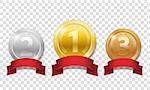 Gold, silver and bronze shiny medals with red ribbons isolated on transparent background. Champion Award Medals sport prize. Vector illustration EPS 10