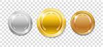 Champion Award Medals for sport winner prize. Set of realistic 3d empty gold, silver and bronze medals isolated. Vector illustration isolated EPS 10