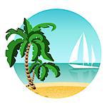 Round picture of summer vacation on island with yacht. Travel summer time. Palm, sand and ocean. Vector illustration. Eps 10