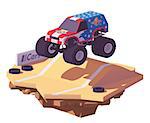 Vector low poly monster truck performing stunts on the arena