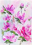 Hand painted modern style purple flowers. Spring flower seasonal nature background. Oil painting floral texture