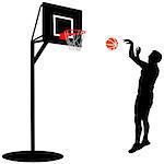 Black silhouettes of men playing basketball on a white background.