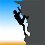 Black silhouette rock climber on against the blue sky.