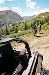 Road trip couple hiking in Rocky Mountains, Breckenridge, Colorado, USA
