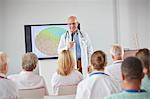 Male surgeon with microphone leading conference