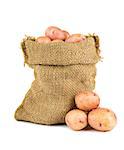 Ripe potatoes in burlap sack isolated on white background