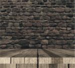 3D render of a wooden table against defocussed brick wall