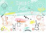 Easter card with bunnies, eggs, flowers, hand-drawn graphic design elements, vector illustration