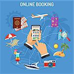 Vacation and Tourism Concept with flat icons. Man holding smartphone in hand and Online Booking Hotel. Isolated vector illustration