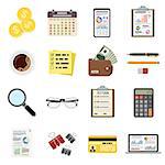 Set Auditing, Tax process calculation, Accounting icons in flat style. Calculator, Magnifying Glass, financial reports, Tax form, laptop, smartphone and money. Isolated vector illustration