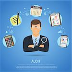 Auditing, Tax, Accounting Concept. Auditor Holds Magnifying Glass in Hand and Checks Financial Report with Charts, Calculator and Smartphone. Flat Style Icons. Isolated vector illustration