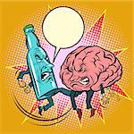 Alcohol versus intelligence, a bottle of beat the brain. Comic book cartoon pop art illustration retro drawing