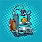 3D printer manufacturing bitcoin cryptocurrency. Comic book cartoon pop art retro illustration vector