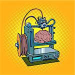 brain biotechnology and medicine printing of human organs 3D printer manufacturing. Comic book cartoon pop art retro illustration vector