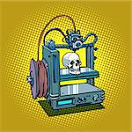 human skull 3D printer manufacturing. Comic book cartoon pop art retro illustration vector