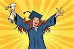 happy graduate girl student of the College or University. Comic book cartoon pop art retro illustration vector