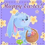 Greeting post card template Happy Easter, with cute cartoon bunny holding easter eggs on a green background with chamomile. Vector illustration.