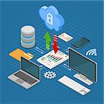 Cloud Computing Technology Isometric Concept with Computer, Laptop, Smartphone, Database and Arrow Icons. Security cloud storage server. Vector illustration