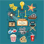 Cinema and Movie infographics with Flat Icons Set popcorn, award, 3D glasses, tickets. Isolated vector illustration
