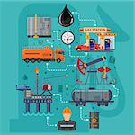 Oil industry Infographics with Flat Icons extraction production and transportation oil and petrol with oilman, rig and barrels. Isolated vector illustration.
