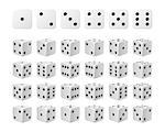 Set of 24 icons of dice in all possible turns - white cubes with black pips isolated on white background. Vector illustration