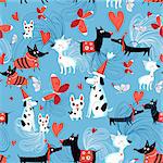 Seamless bright pattern of enamored dogs on a blue background with butterflies