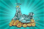 The hen incubates electronic money bitcoin. Comic cartoon pop art illustration retro vintage kitsch vector