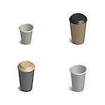 Set of plastic cups for coffee of different shapes isolated on white background. 3D isometric style, vector illustration.