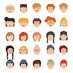 Colorful set of faces in flat design. Vector illustration of flat design people characters.
