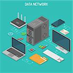 Data Network Isometric business concept with network server, computer, laptop, router and multimedia icons. Storage and transfer data. Vector illustration