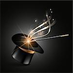 Magic hat and wand with magical gold sparkle trail on dark background. Vector illustration