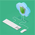 Cloud Computing Technology Isometric Concept with Computer Keyboard, Mouse and Shield Icons. Security cloud storage server. Vector illustration