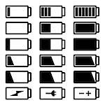 Battery flat black icon set vector illustration isolated on white background eps10. Symbols of battery charge level, full and low.