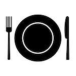 Fork, knife and plate on plate background. Vector illustration
