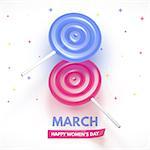 8 March flyer. International Women's Day. Happy Mother's Day. Blue and pink Lollipop form a figure of 8. Vector Illustration.