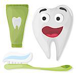 Healthy cute cartoon tooth character with Toothpaste and toothbrush on white background - vector