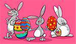 Cartoon Illustration of Funny Easter Bunnies Characters with Colored Eggs