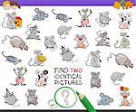 Cartoon Illustration of Finding Two Identical Pictures Educational Activity Game for Children with Mice Animal Characters