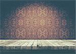 3D render of an old wooden table looking out to a brick wall vintage style
