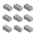 Set of different shapes cinder blocks, top view. Elements of the design of building materials. Flat 3d isometric style, vector illustration.