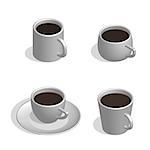 Set of white cups for coffee of different shapes, isolated on white background. 3D isometric style, vector illustration.