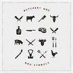 set of butchery and barbecue symbols with letterpress effect. hand drawn design elements. vector illustration
