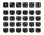 Set of 24 icons of dice in all possible turns - black cubes with white pips isolated on white background. Vector illustration
