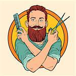hipster Barber, scissors comb, barbershop. Comic book cartoon pop art retro vector illustration