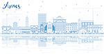 Outline Ames Iowa Skyline with Blue Buildings and Reflections. Vector Illustration. Business Travel and Tourism Illustration with Historic Architecture.